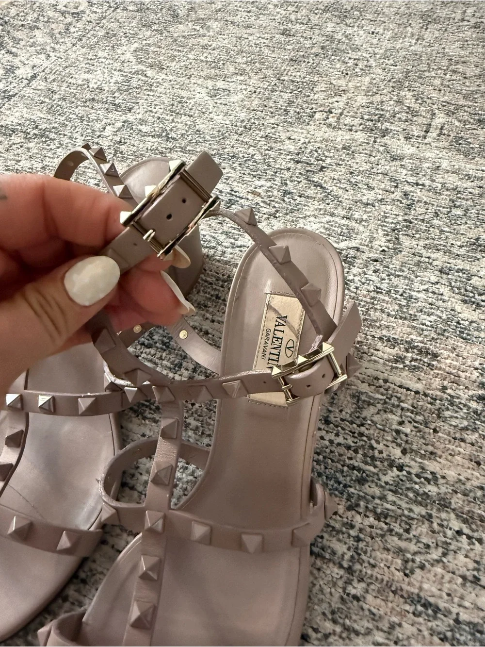 Valentino Garavani Taupe Rockstud Strappy Block Heel Sandals